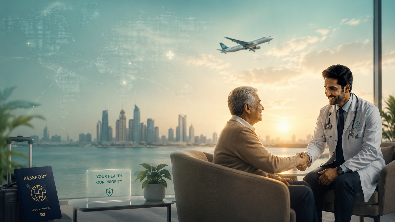 An international patient shaking hands with their doctor, a city skyline and departing aircraft behind them