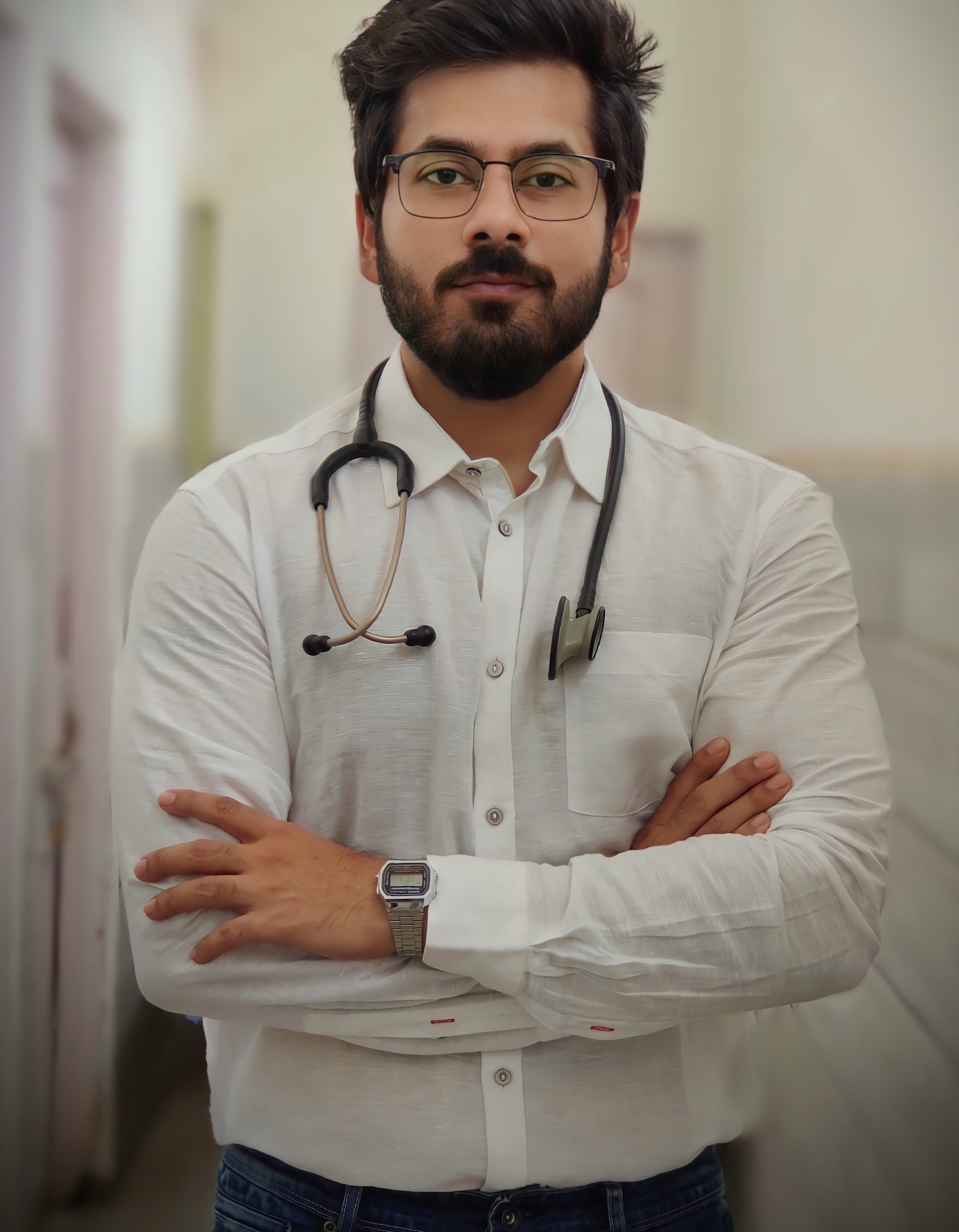 A doctor from our partner network in a hospital corridor